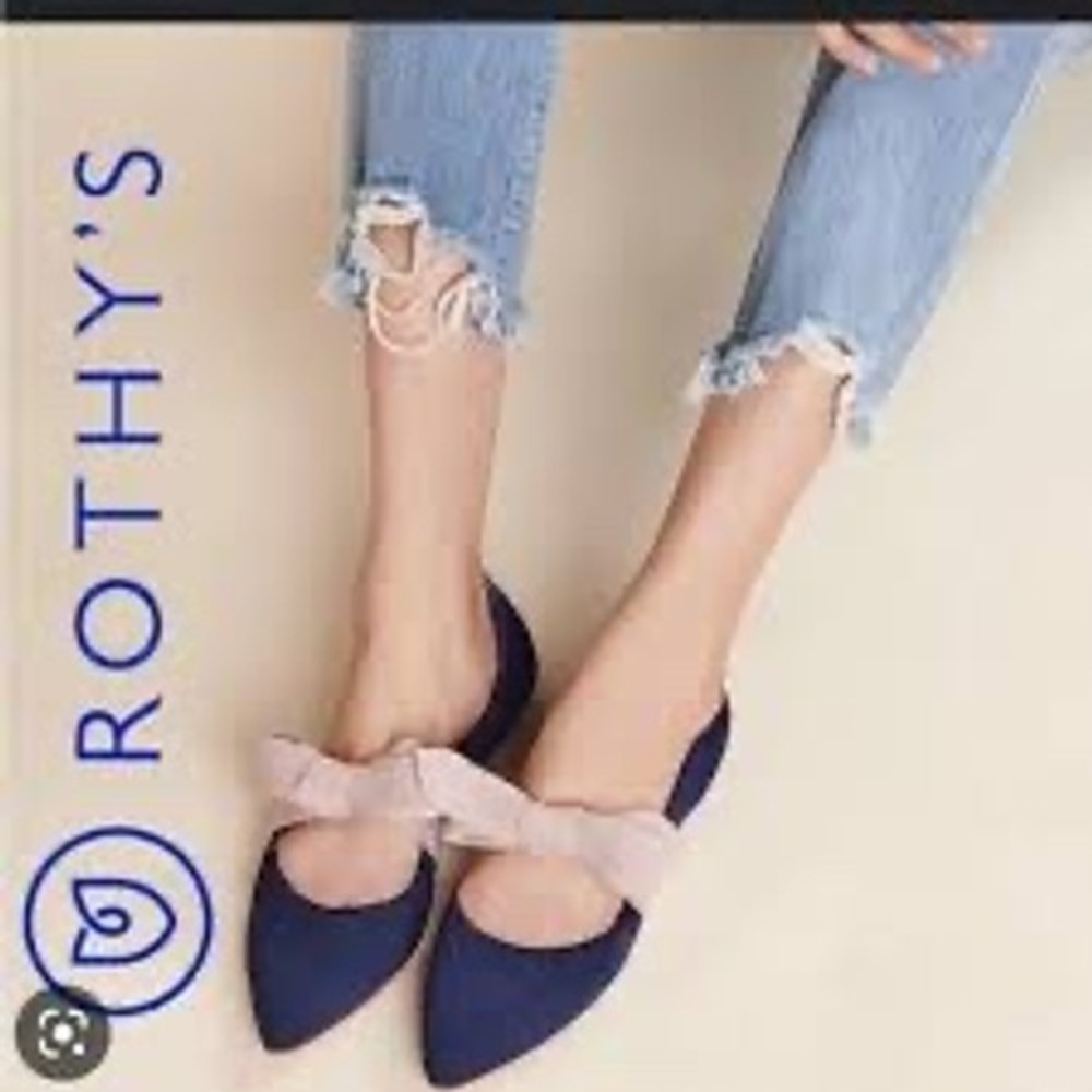 Rothys Pointed Toe Ballerina Flats Navy Blue Petal Pink Ankle Tie Ribbon Size 8